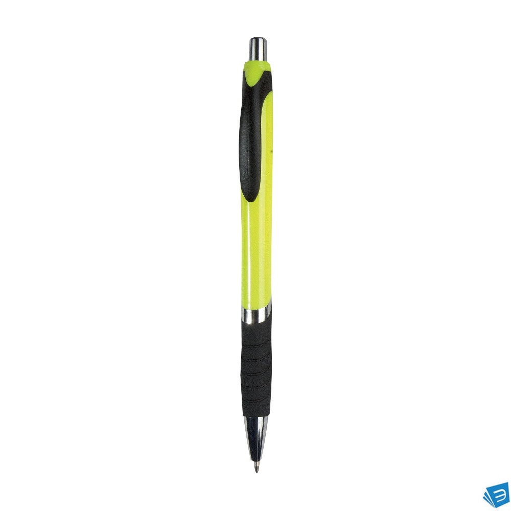 Penna a scatto in plastica, con fusto colorato, impugnatura gommata e particolari cromati