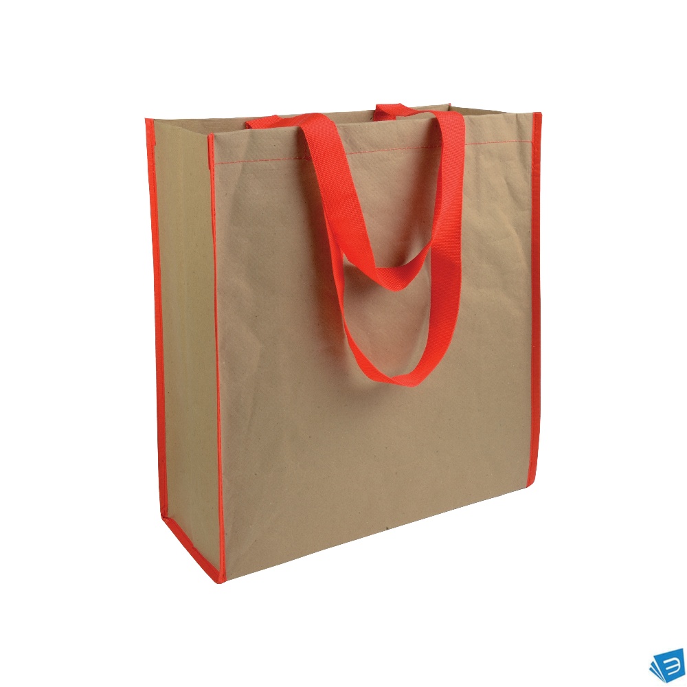 Shopper con soffietto in carta con interno in PP 140 g/m2, manici lunghi a nastro colorati