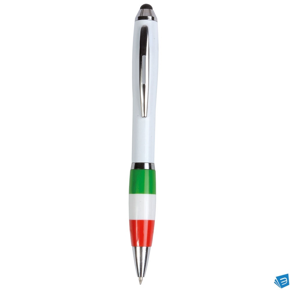 Penna twist in plastica con fusto bianco, impugnatura tricolore e gommino per touch screen