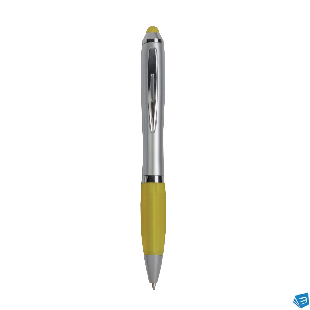 Penna twist in plastica con fusto argentato, impugnatura gommata colorata in tinta