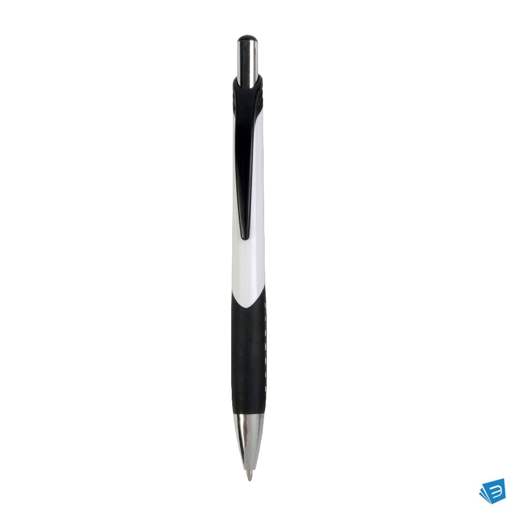 Penna a scatto in plastica con fusto bianco, impugatura gommata e colorata