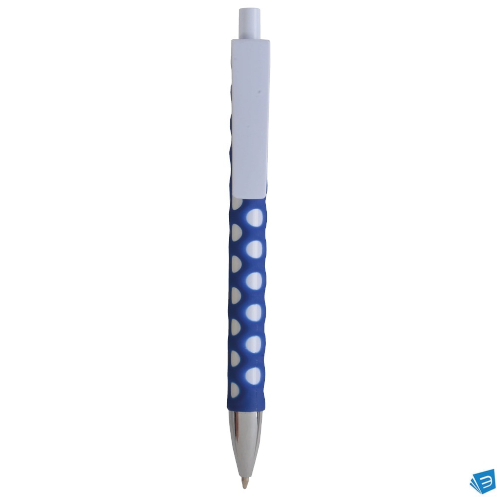 Penna a scatto in plastica con fusto, clip e pulsante bianchi, rivestimento gommato