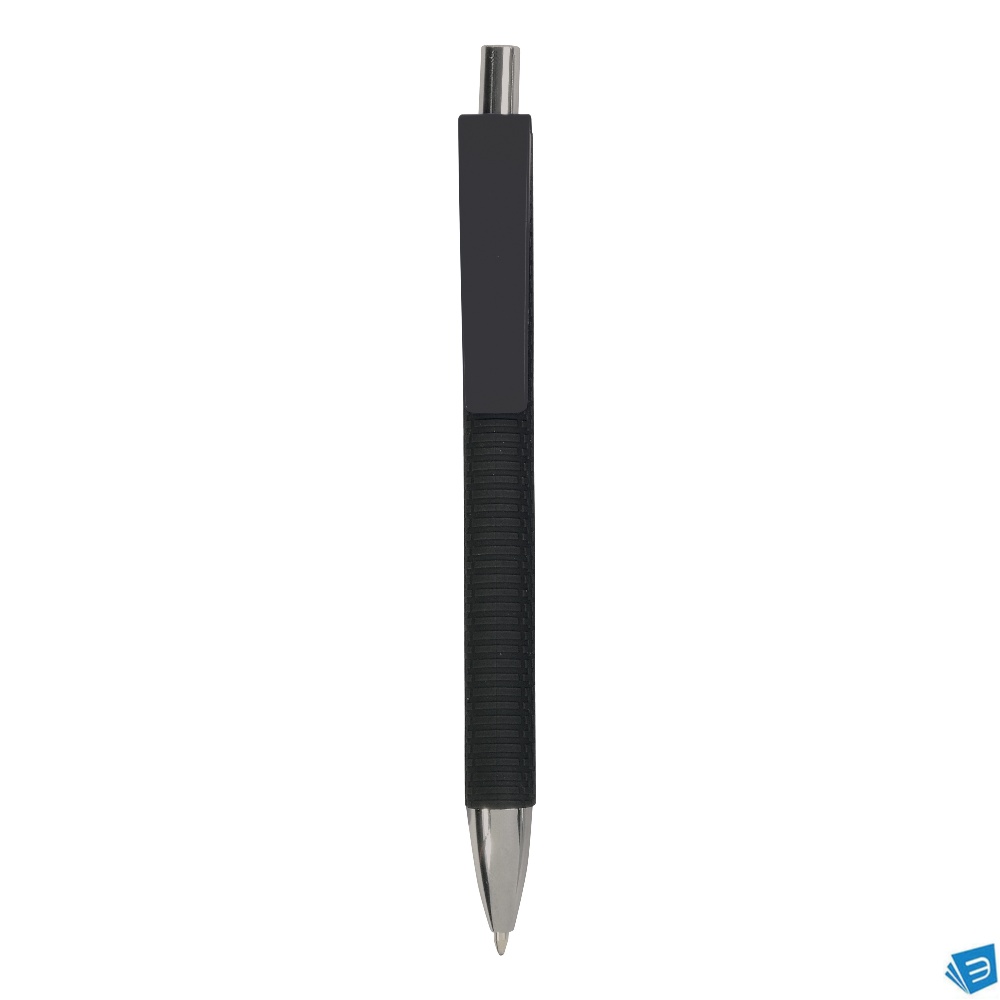 Penna a scatto in plastica con fusto gommato effetto pneumatico nero, con clip larga