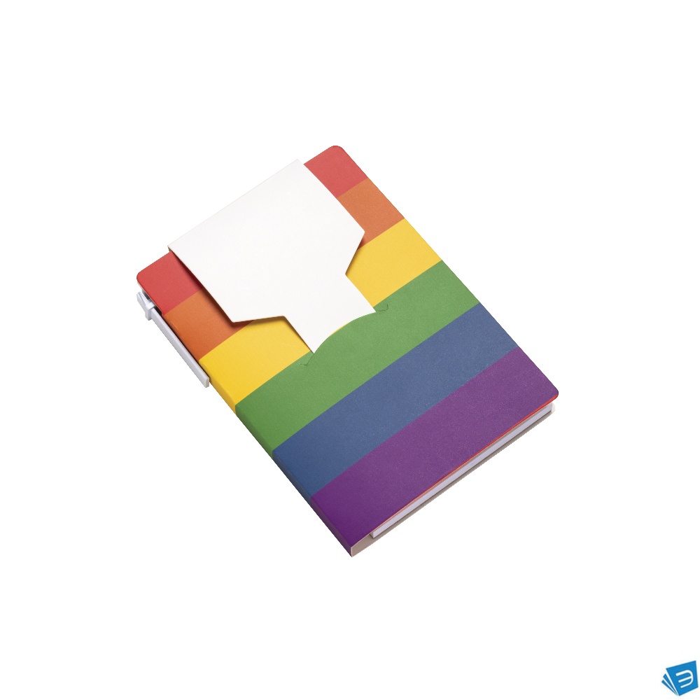 Block notes  in carta con copertina arcobaleno, foglietti adesivi e penna