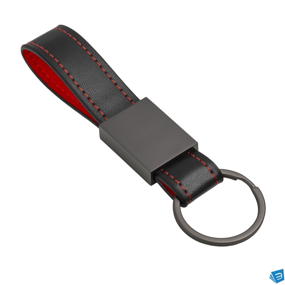 Portachiavi in PU con cucitura colorata con placchetta e anello in metallo nero opaco