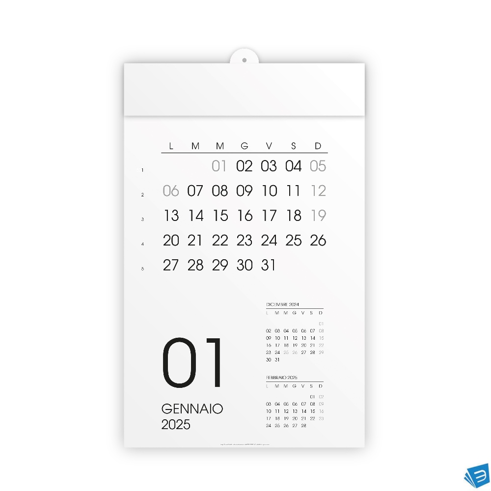 Calendario mensile da parete 2025, 12 mesi, su cartoncino bianco o nero, termosaldato